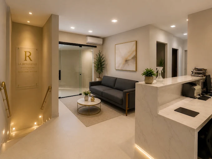 Recepção da Maison La Renovence Beauty, ambiente sofisticado com acabamento premium